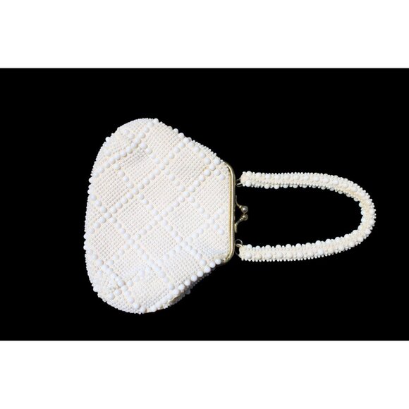 Vintage White Beaded Purse With Handle & Gold Clasp - Picture 6 of 11
